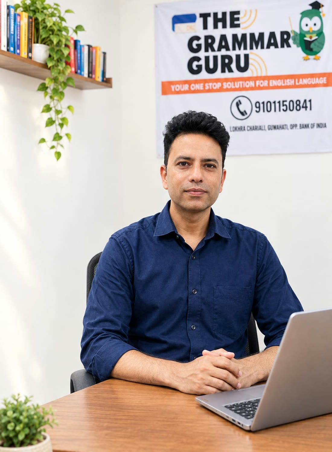 The teacher at his desk at The Grammar Guru, Lokhra Chariali, Guwahati